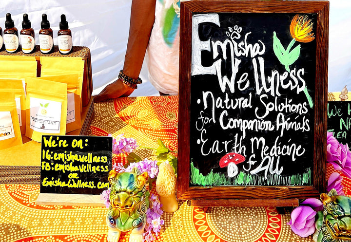This is a colorful and vibrant picture of Emisha Wellness sign, tinctures and teas. The sign is designed in a chalk board and reads, "Emisha Wellness Natural Solutions & Companion Animals & Peoples. Earth Medicine for All