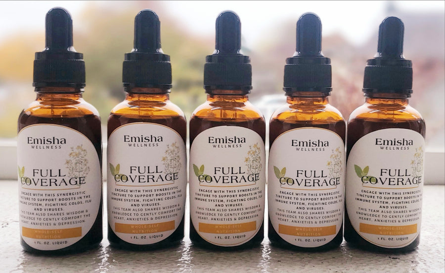 Meet our custom Full Coverage tincture which combines plant Beings that share wisdom on fighting cold & flu viruses, depression, anxiety and so much more. There are 5 brown glass tinctures pictured here that show the Emisha Wellness label which has both St. John's Wort and Lemon Balm pictures with a natural light background. Very pleasant on the eyes. 