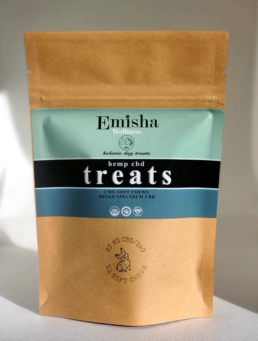 This pictures the small size, (10 ct.) of Emisha CBD Dog Chews. The soft chews are visible and deliver 2.5 mg per chew for your dog. A tasty and functional morsel helping your dog's reduce inflammation, ease anxieties and even support arthritic conditions. The package is also lovely. A kraft bag with colors inspired by the Founder's travels through Morocco with a logo designed with beloved dogs, Zeus&Caesar 