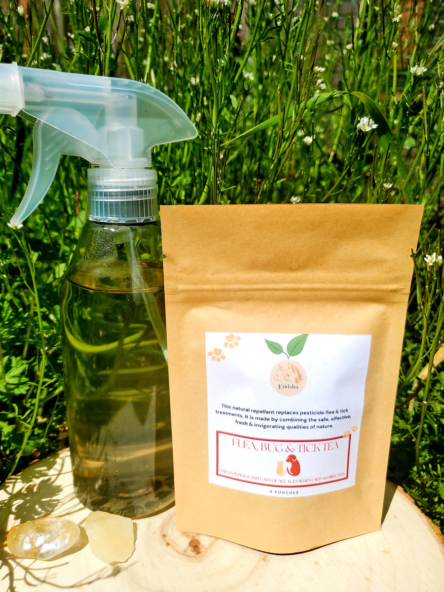 Emisha Wellness now has a flea, bug and tick tea. Simply brew 1 bag or 2 tsp and pour into spray bottle. Use natural repellant, that is good for coat AND isn't wasteful with excess packaging. 