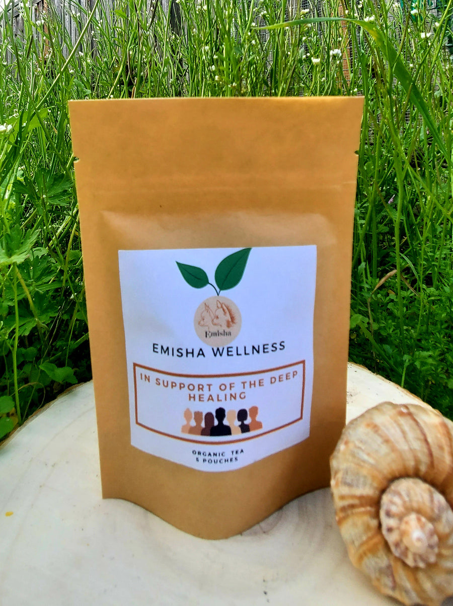 This picture shows Emisha Wellness' new tea, In Support of the Deep Healing. Its made with some beautiful herbs, roots and rhizomes. And it tastes so good, getting deep into the body, where healing happens in our vital organs and systems. 